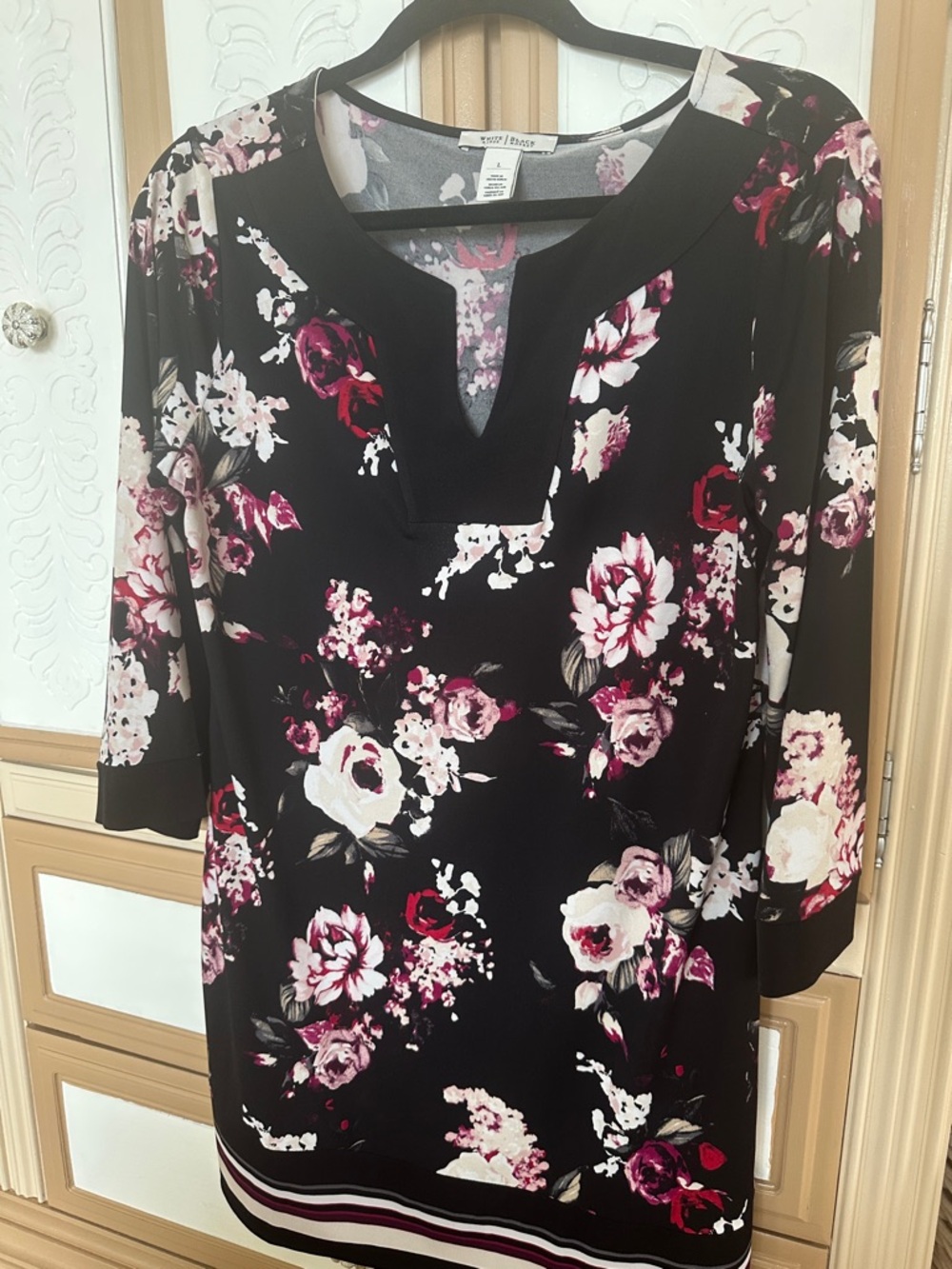 White House Black Market Black Floral Tunic with Pink and White Blooms